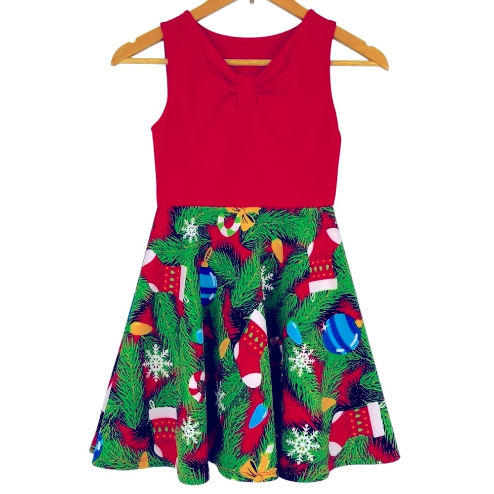 Handmade Girls Red & Green Traditional Coloured Sleeveless Christmas Dress 5/6
